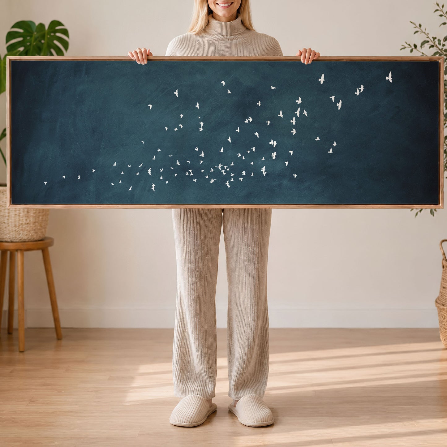 Flock Framed Canvas - Vintage Blue / Panoramic