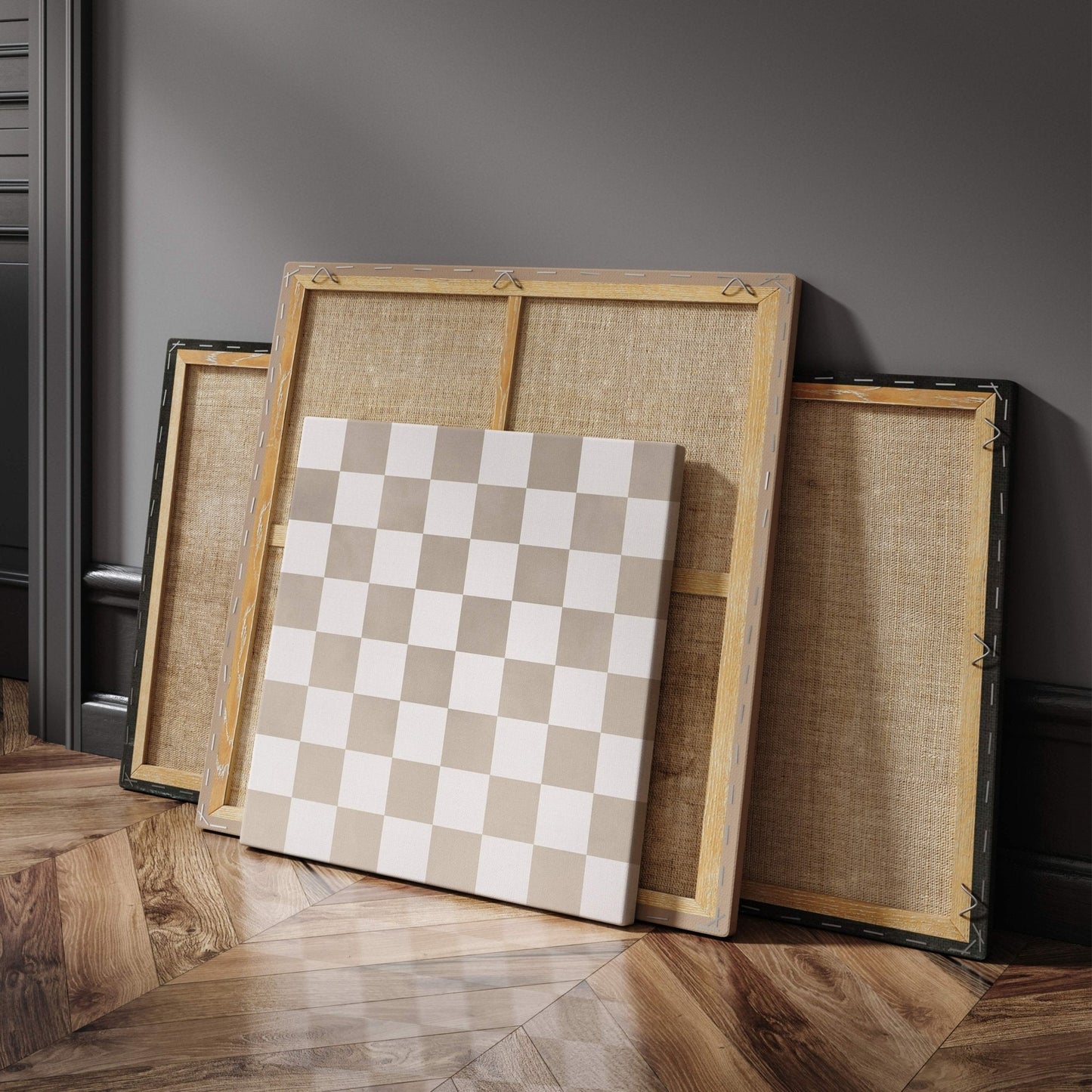 Checkerboard Square Framed Canvas Art - Beige - AureousHome