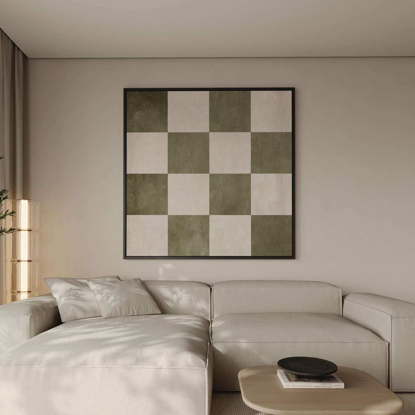 Checkered Square Framed Canvas - Olive - AureousHome