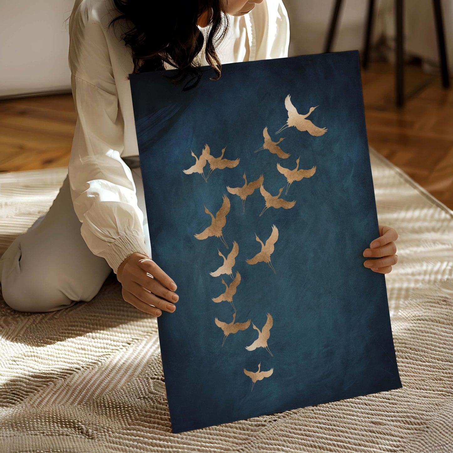 Cranes - Vintage blue / Gold - AureousHome