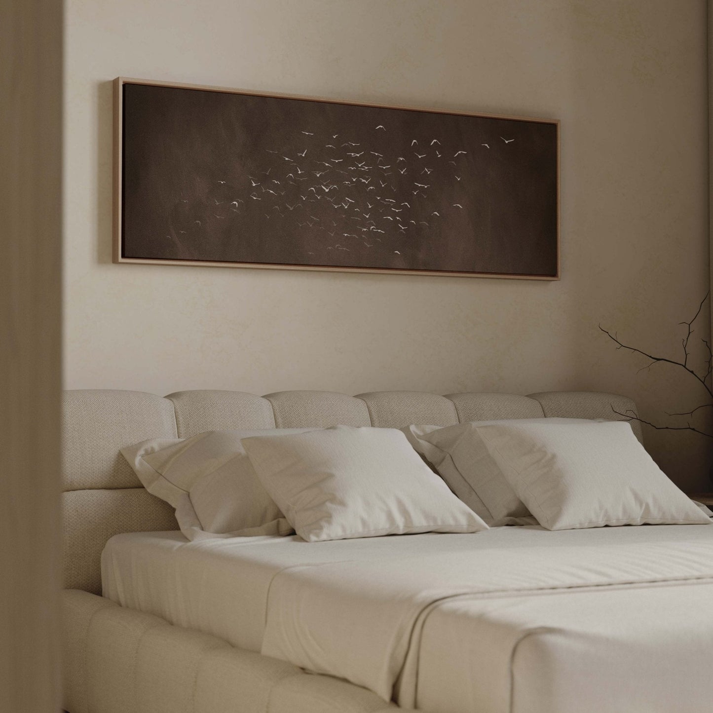 Les Oiseaux Framed Canvas - Espresso / Panoramic - AureousHome