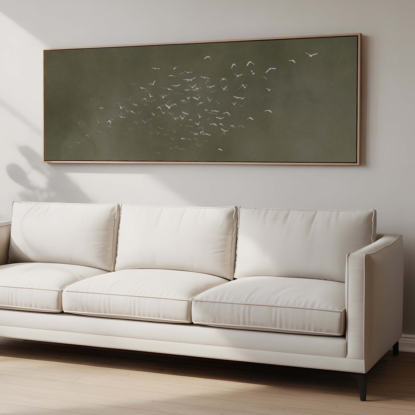 Les Oiseaux Framed Canvas - Olive / Panoramic - AureousHome