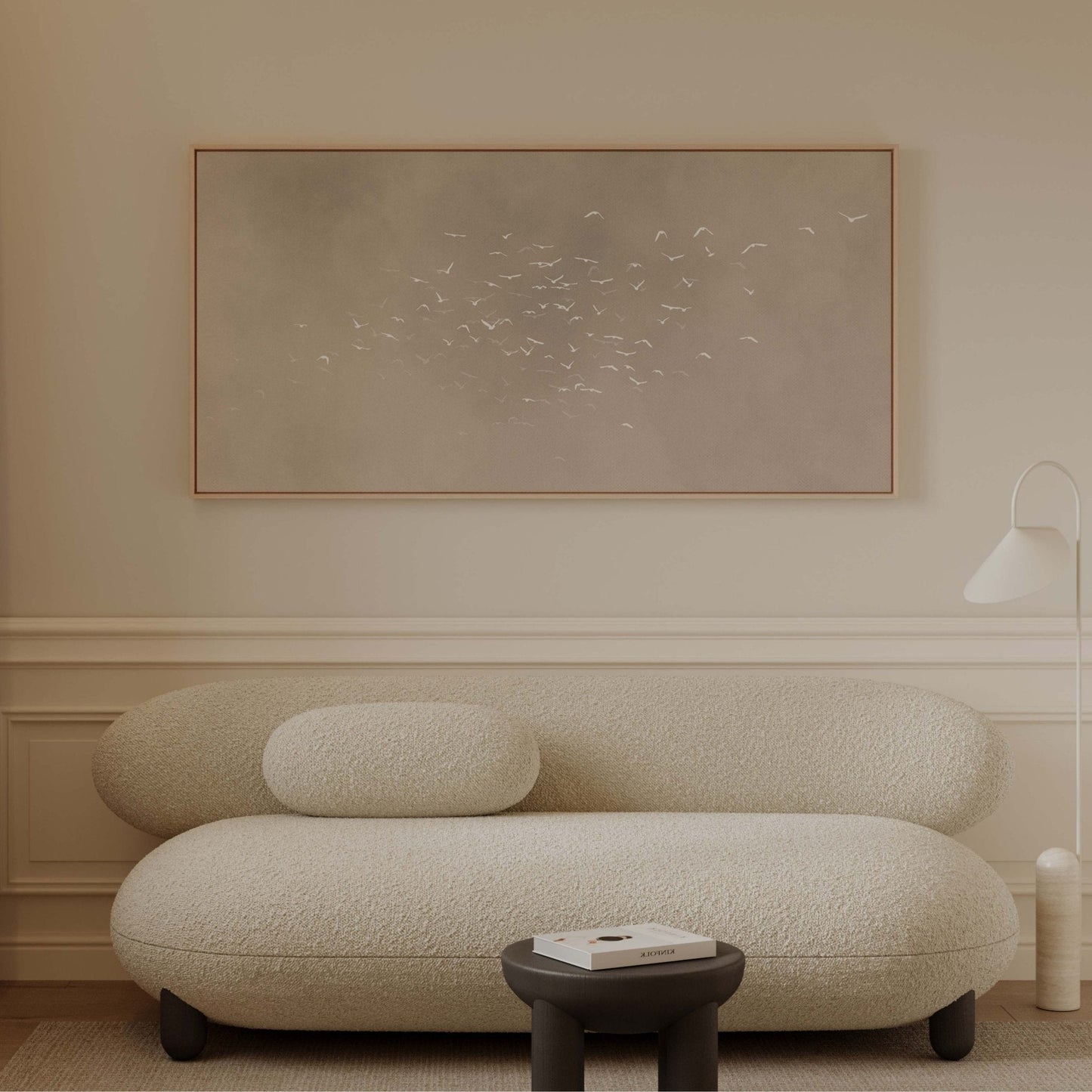 Les Oiseaux Framed Canvas - Taupe / Panoramic - AureousHome