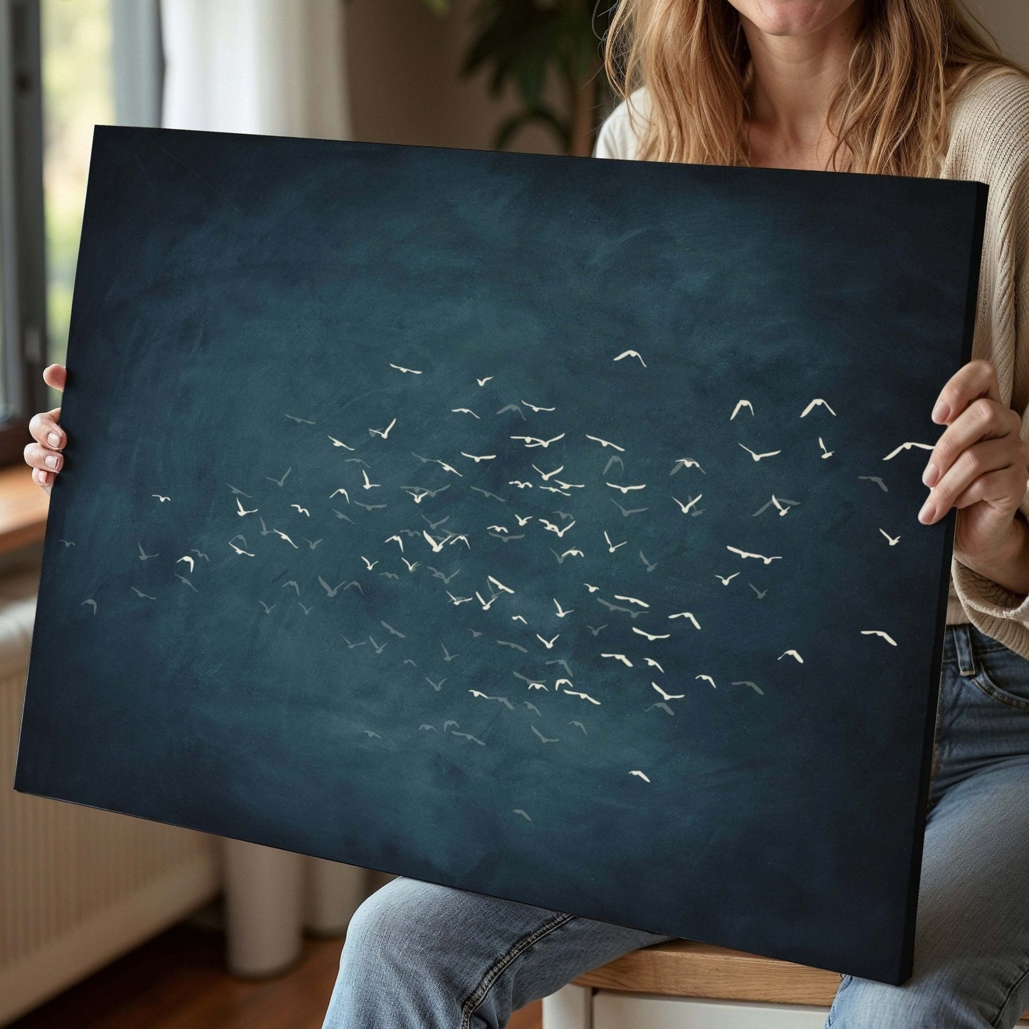 Les Oiseaux Framed Canvas - Vintage Blue / Horizontal - AureousHome