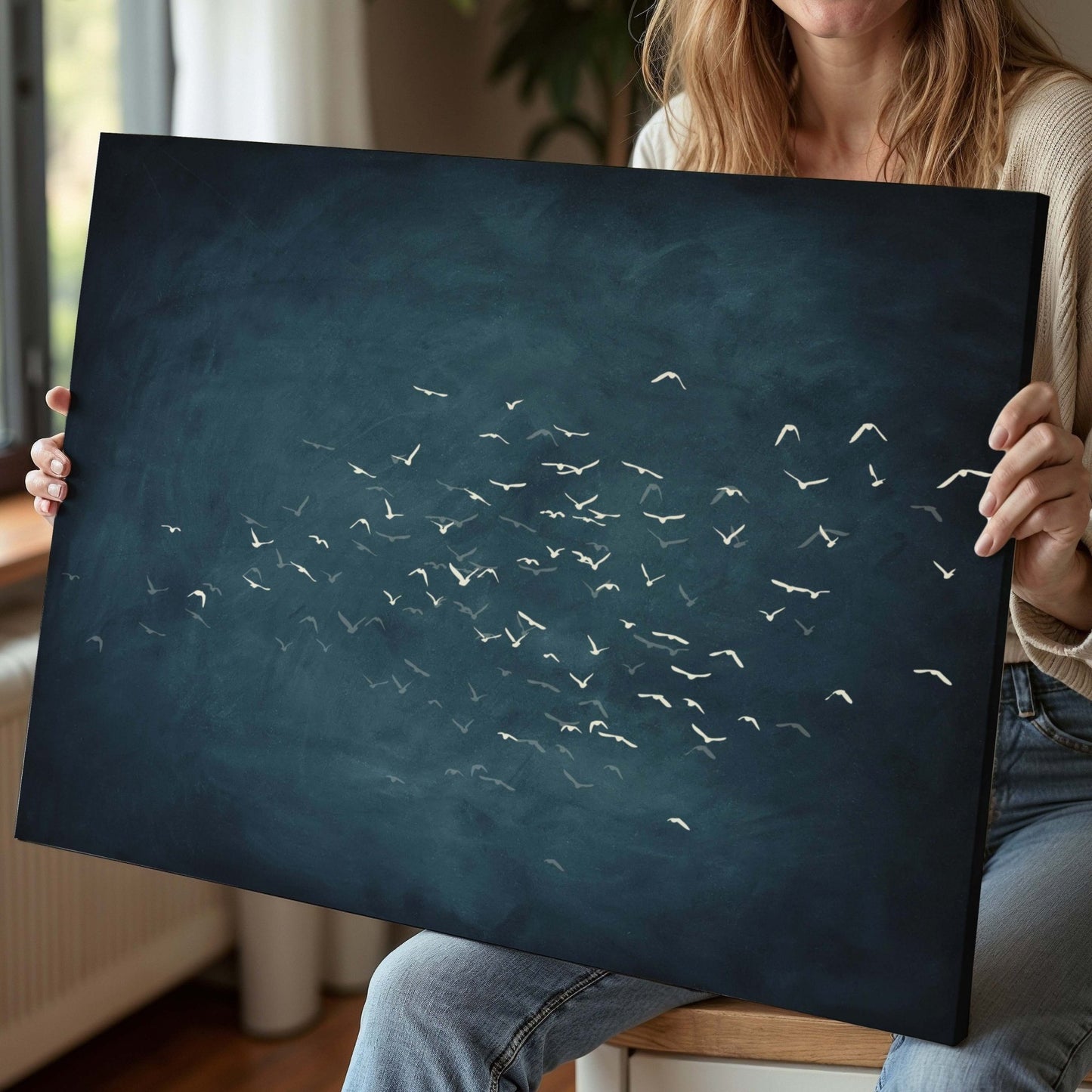 Les Oiseaux Framed Canvas - Vintage Blue / Horizontal - AureousHome