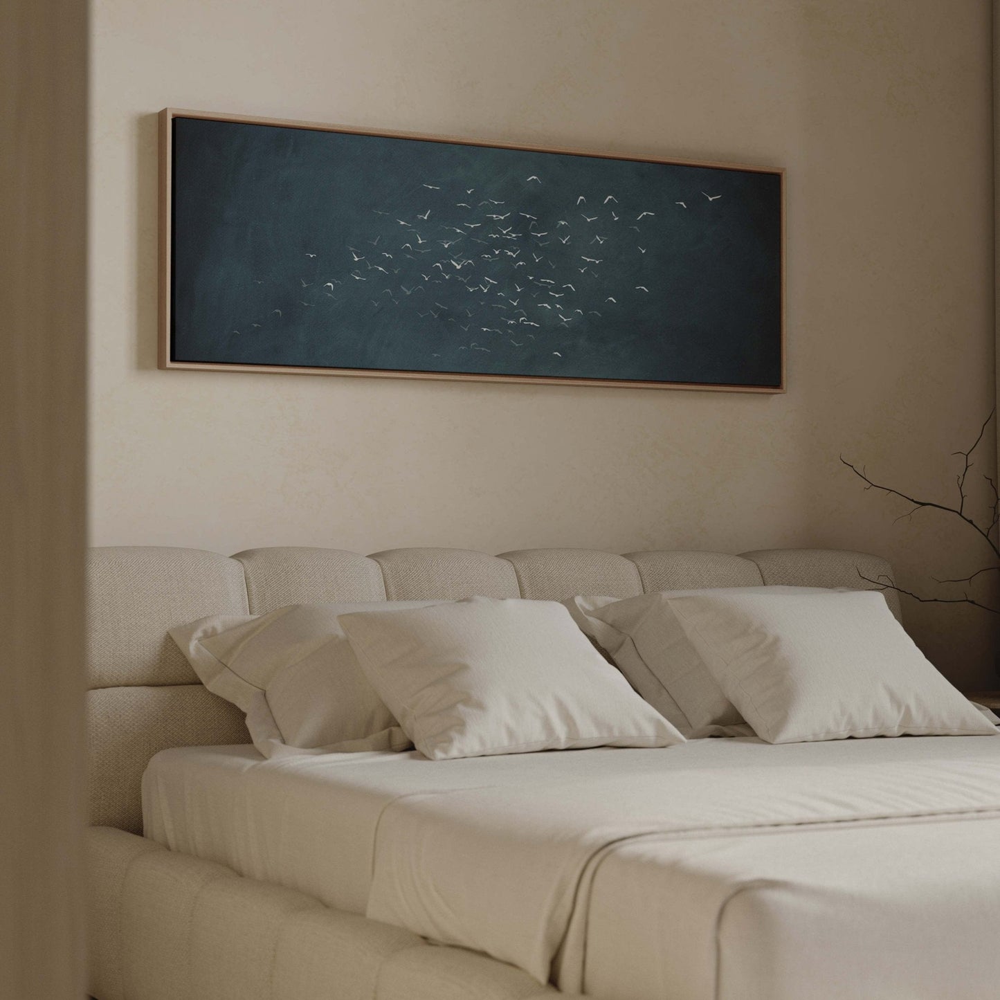 Les Oiseaux Framed Canvas - Vintage Blue / Panoramic - AureousHome