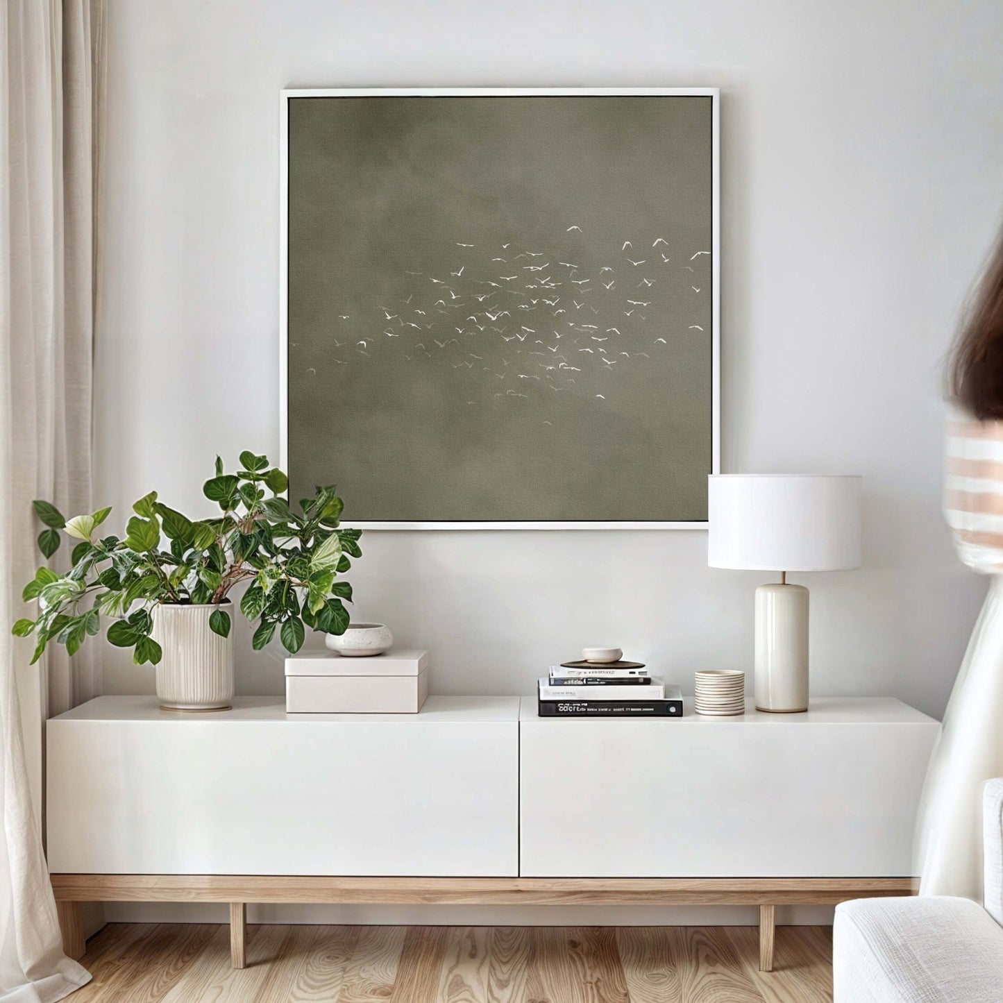 Les Oiseaux Square Framed Canvas - Olive / Square - AureousHome