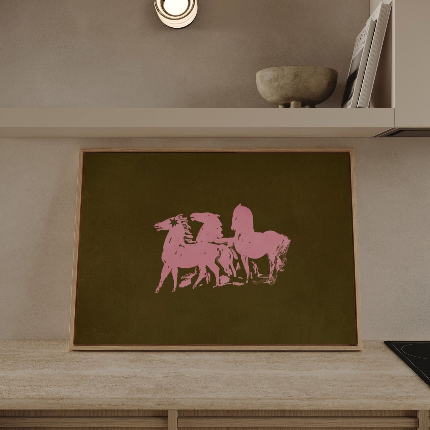 Three Horses Horizontal Framed Canvas - Olive / Pink - AureousHome
