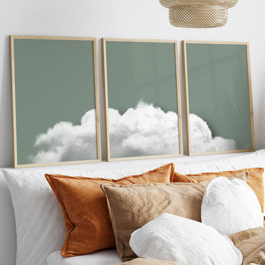 Sage green above the clouds wall art prints - set of 3