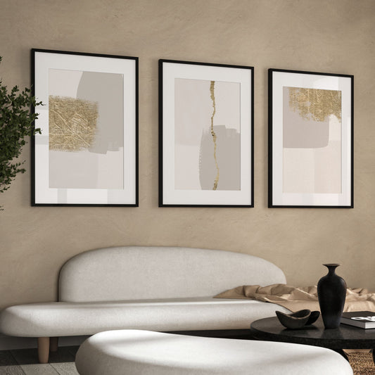 Distressed Gold And Beige Abstract Wall Art Prints - Set Of 3