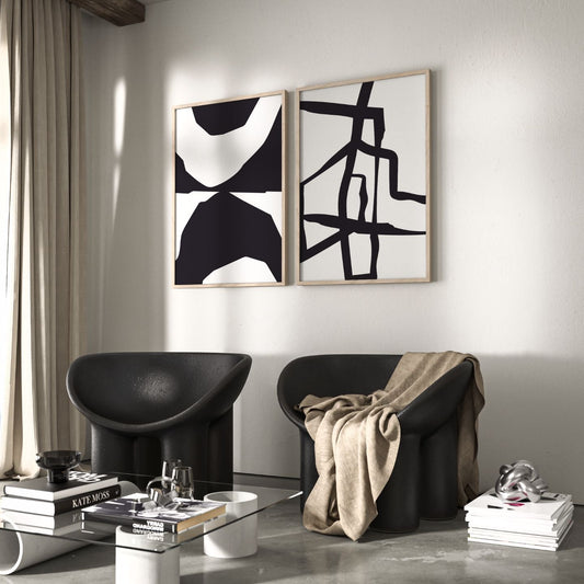 Monochrome Duo Abstract Wall Art Prints - Set Of 2