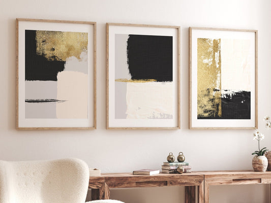 Distressed Gold And Black Abstract Wall Art Prints - Set Of 3