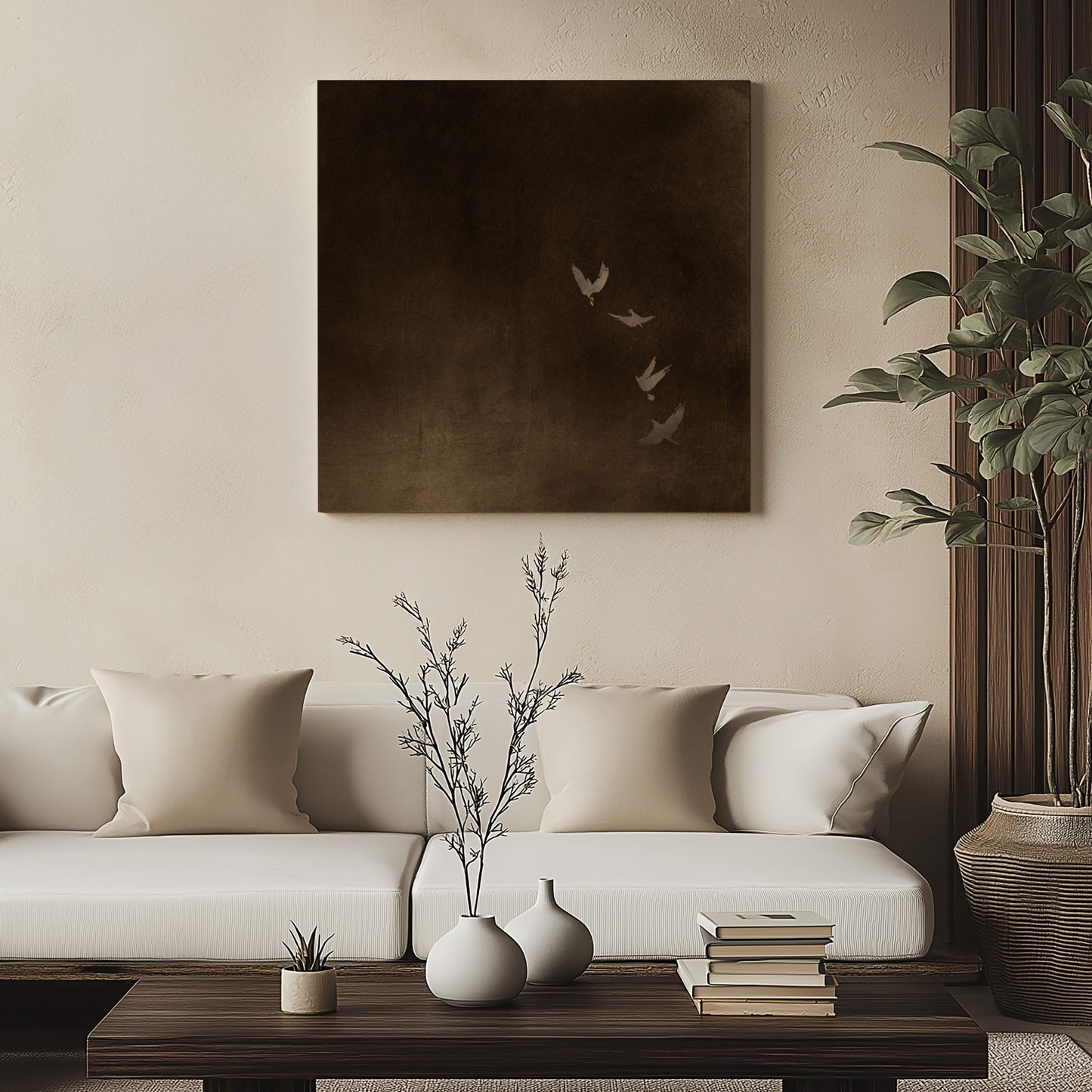 Earthy brown flock of birds canvas painting by Aureous 