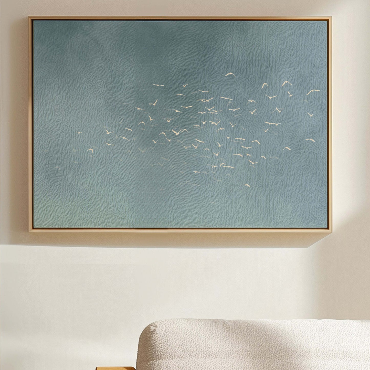 Les Oiseaux Framed Canvas - Sky Blue / Horizontal