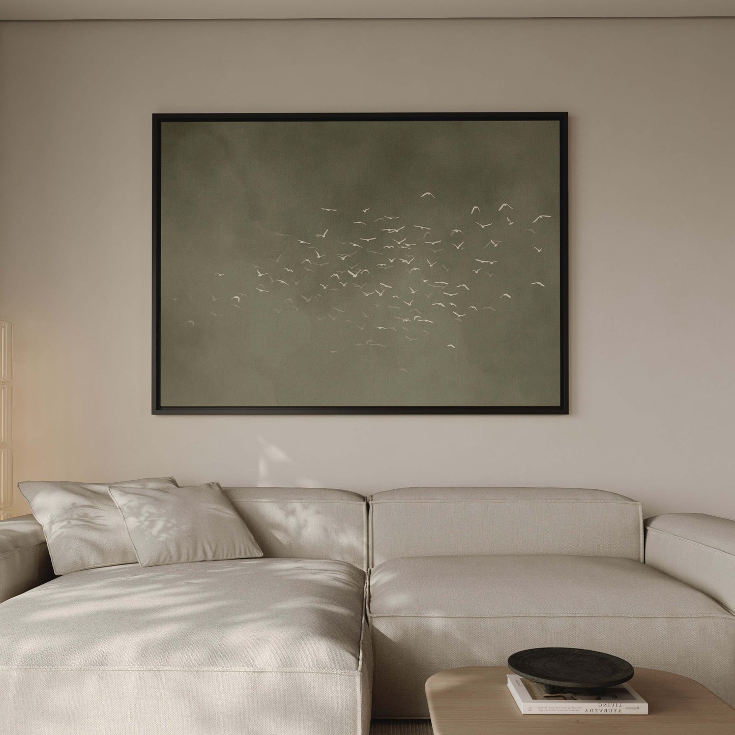 Les Oiseaux Framed Canvas - Olive / Horizontal