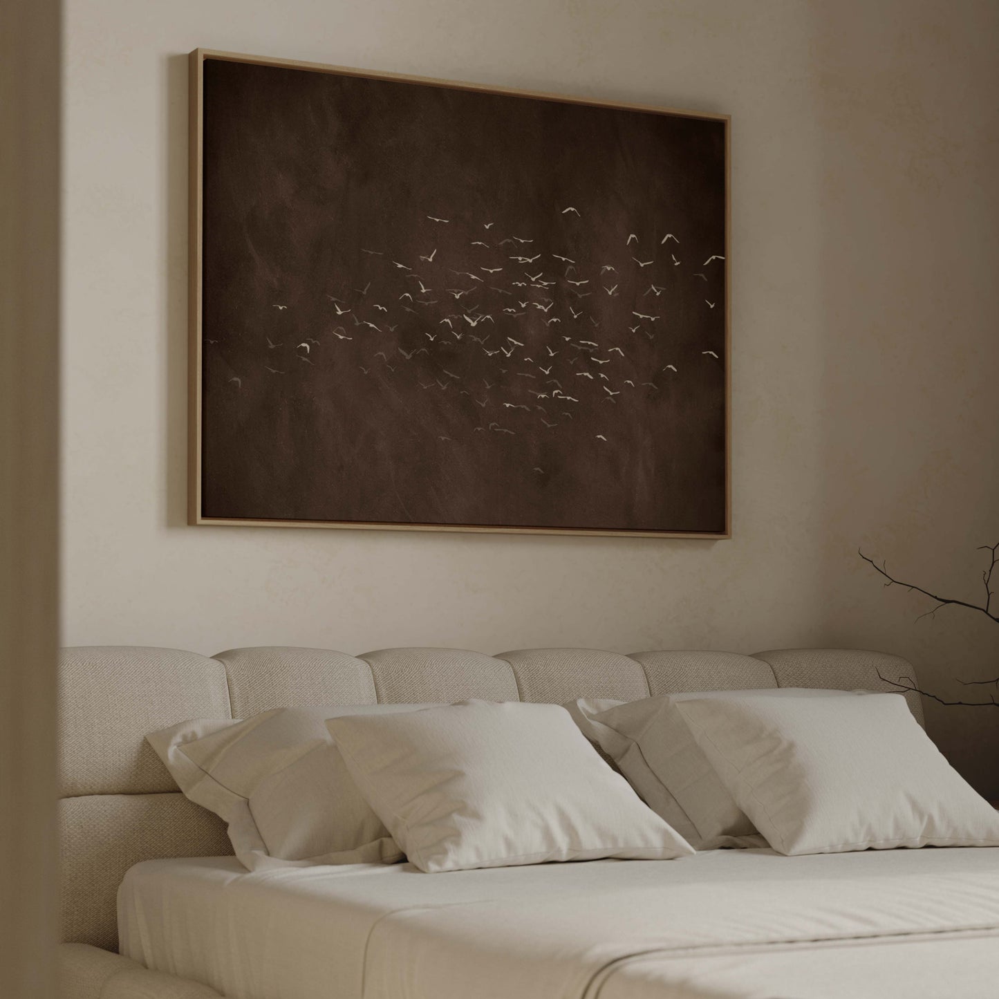 Les Oiseaux Framed Canvas - Espresso Brown / Horizontal