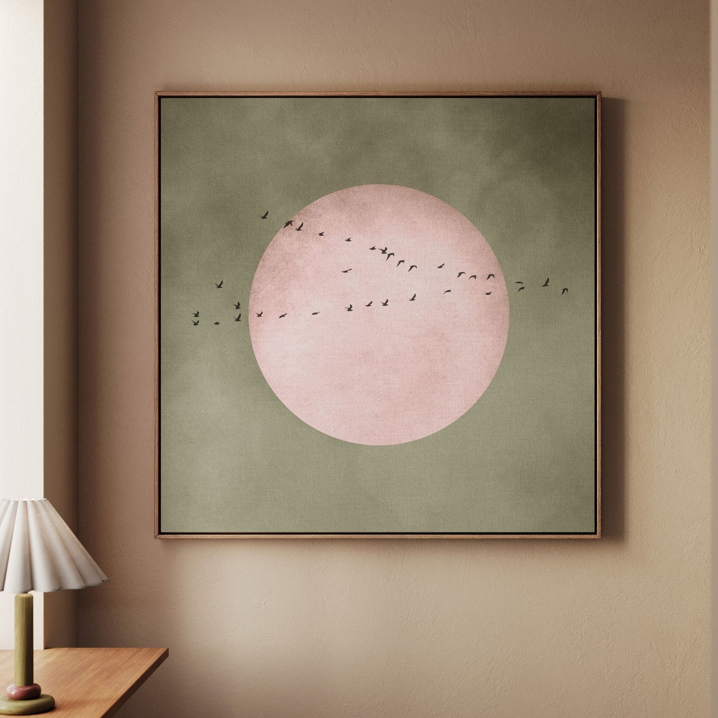 Full Moon Square Framed Canvas - Olive / Pink