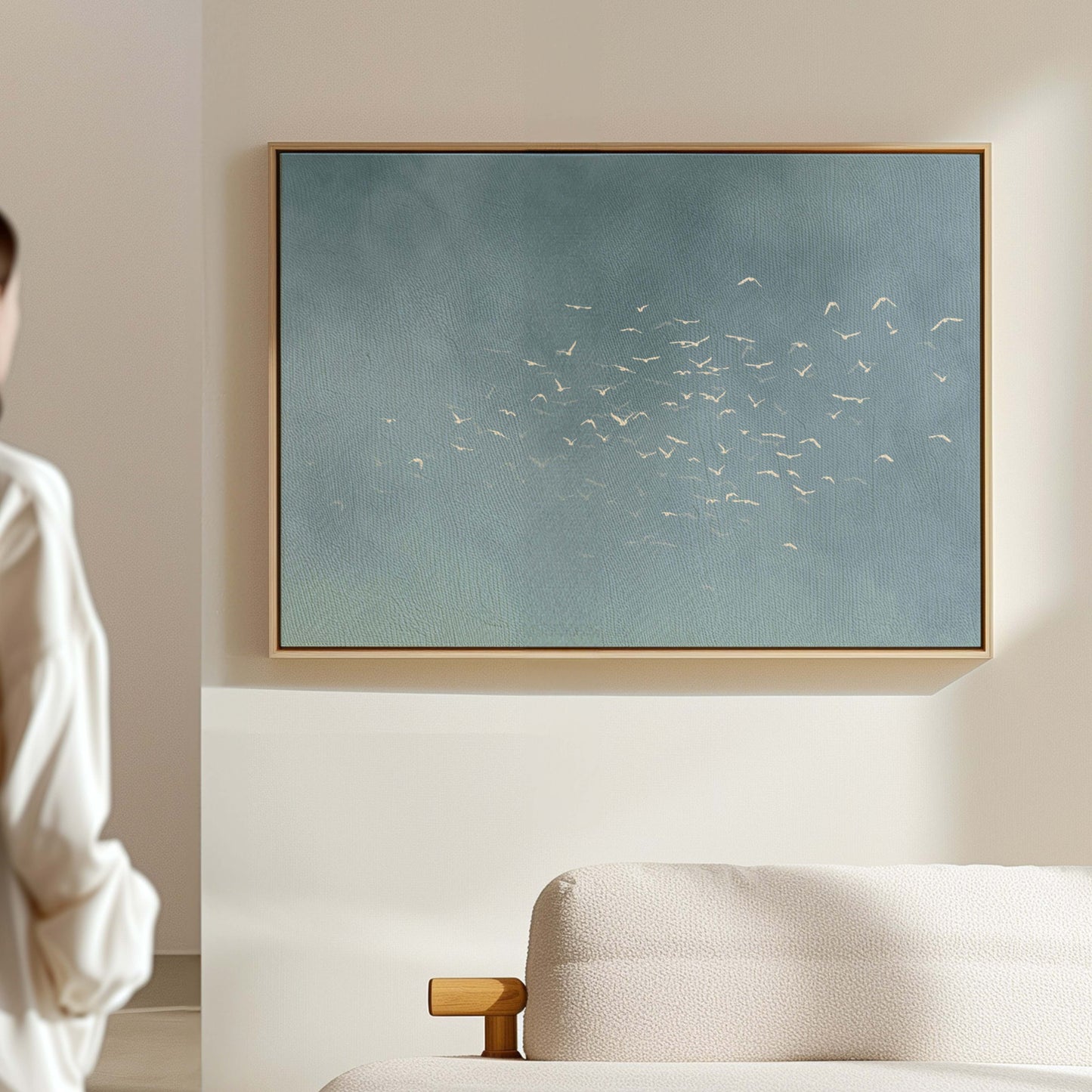 Les Oiseaux Framed Canvas - Sky Blue / Horizontal