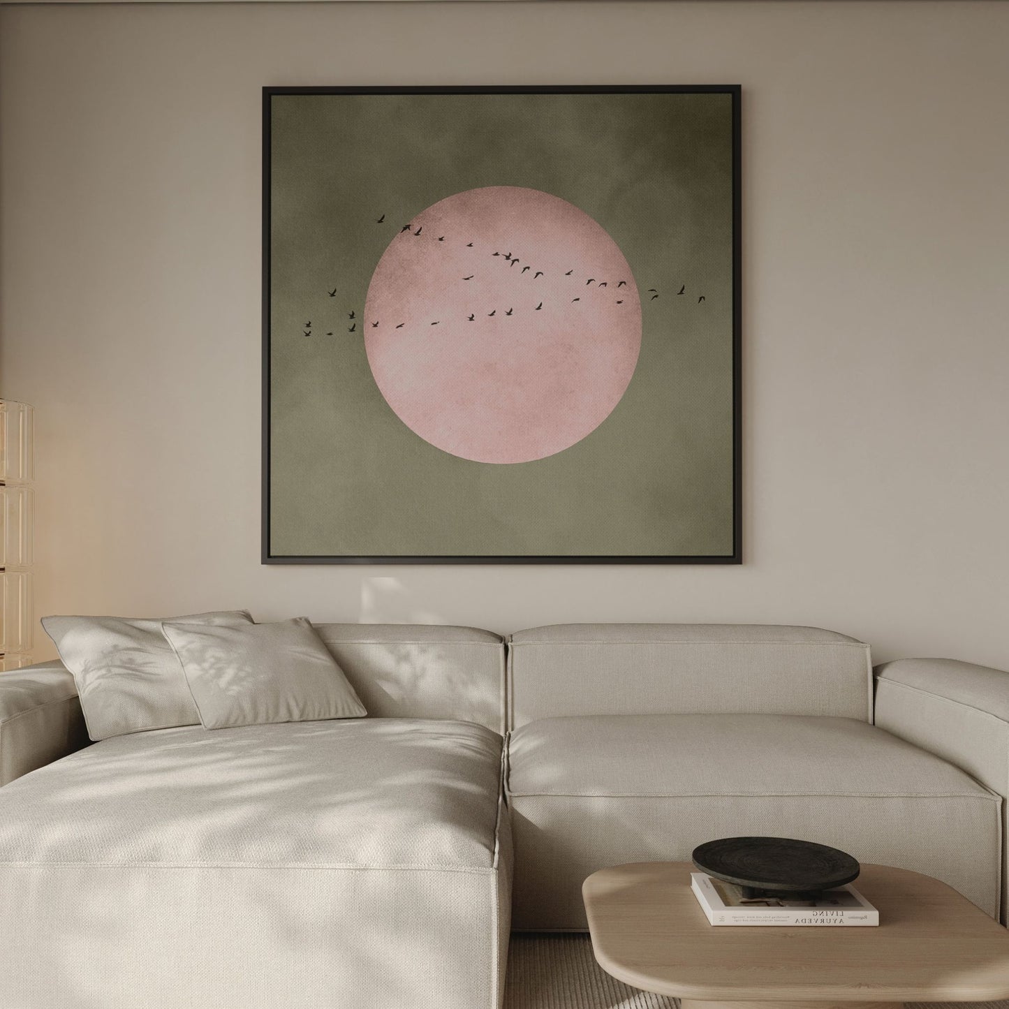 Full Moon Square Framed Canvas - Olive / Pink