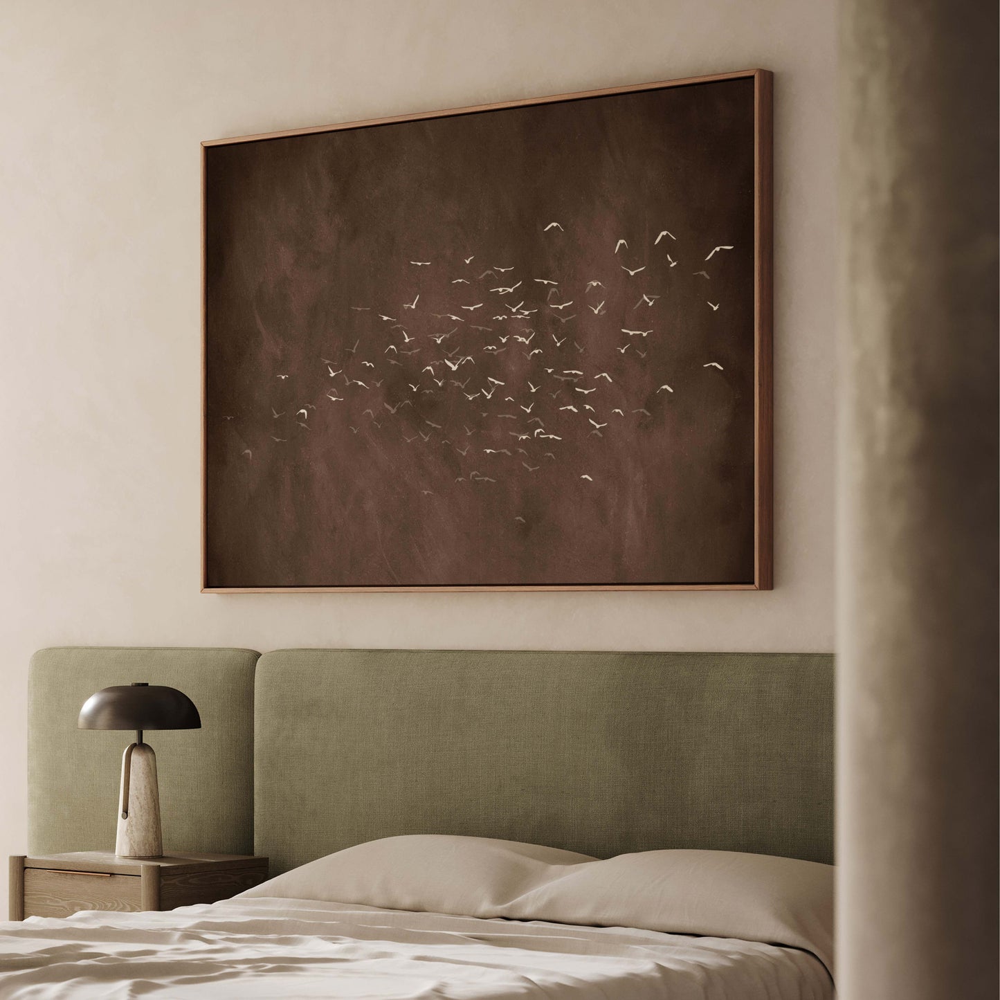 Les Oiseaux Framed Canvas - Espresso Brown / Horizontal