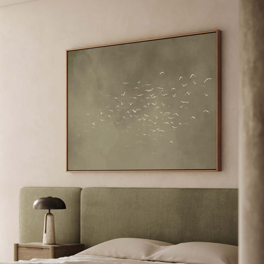 Les Oiseaux Framed Canvas - Olive / Horizontal
