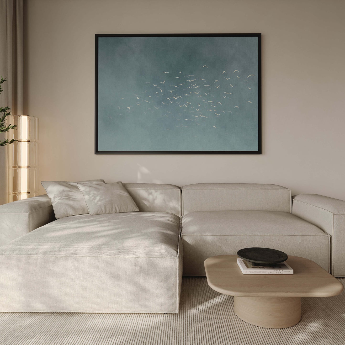 Les Oiseaux Framed Canvas - Sky Blue / Horizontal