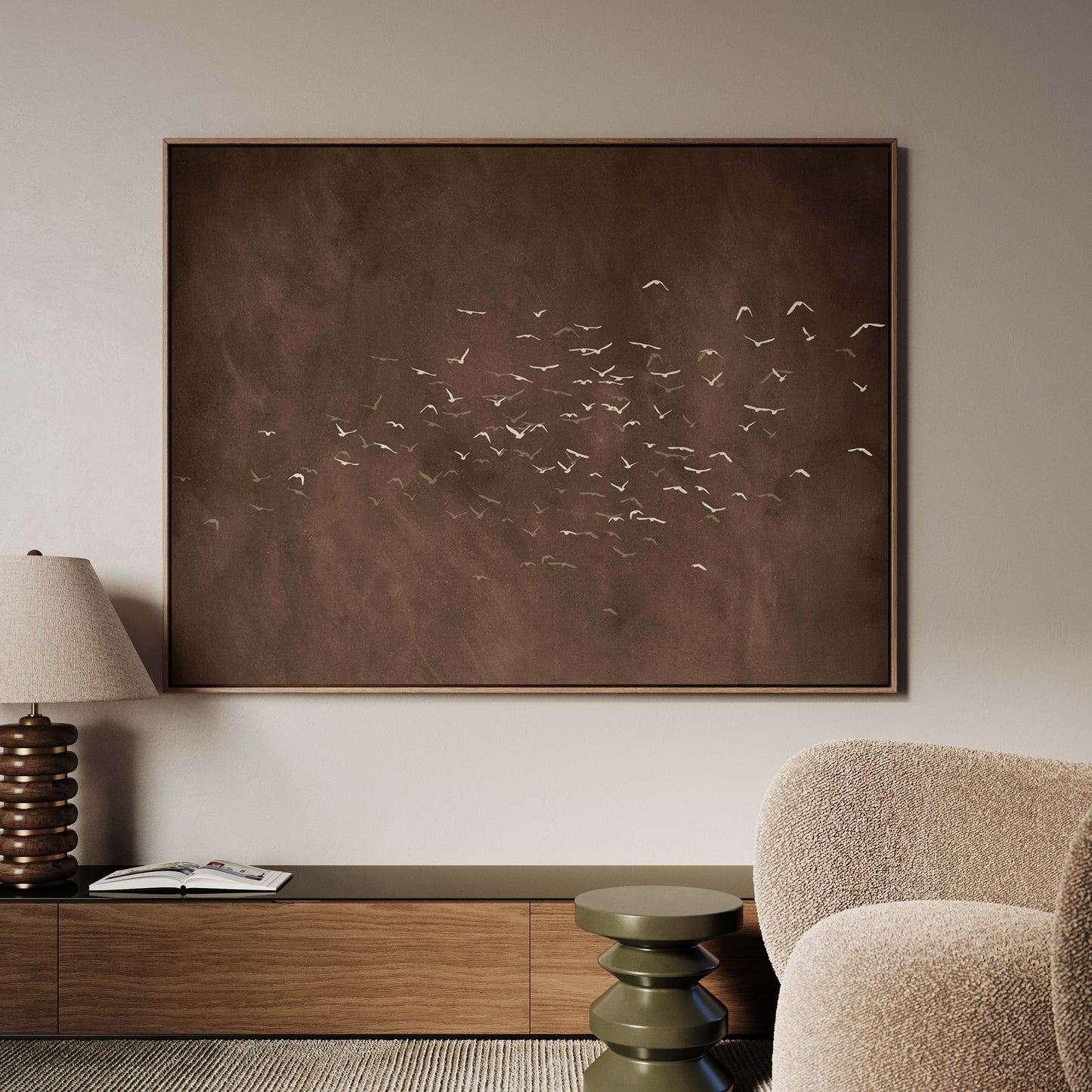 Les Oiseaux Framed Canvas - Espresso Brown / Horizontal