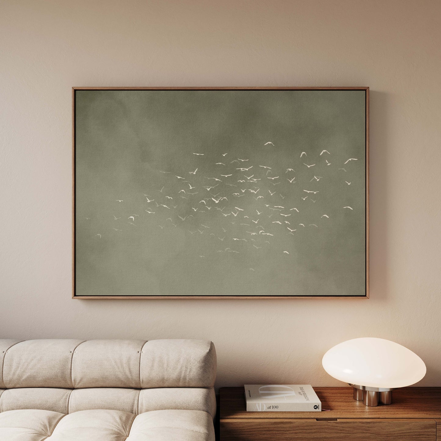 Les Oiseaux Framed Canvas - Olive / Horizontal
