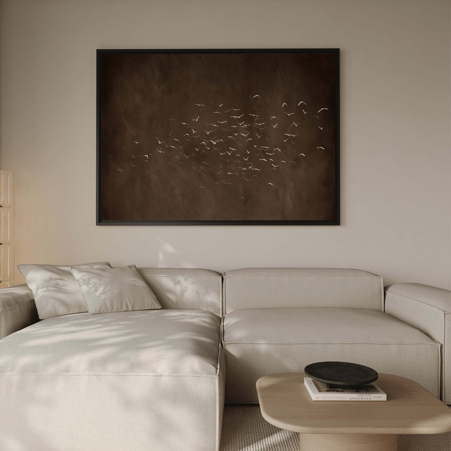 Les Oiseaux Framed Canvas - Espresso Brown / Horizontal