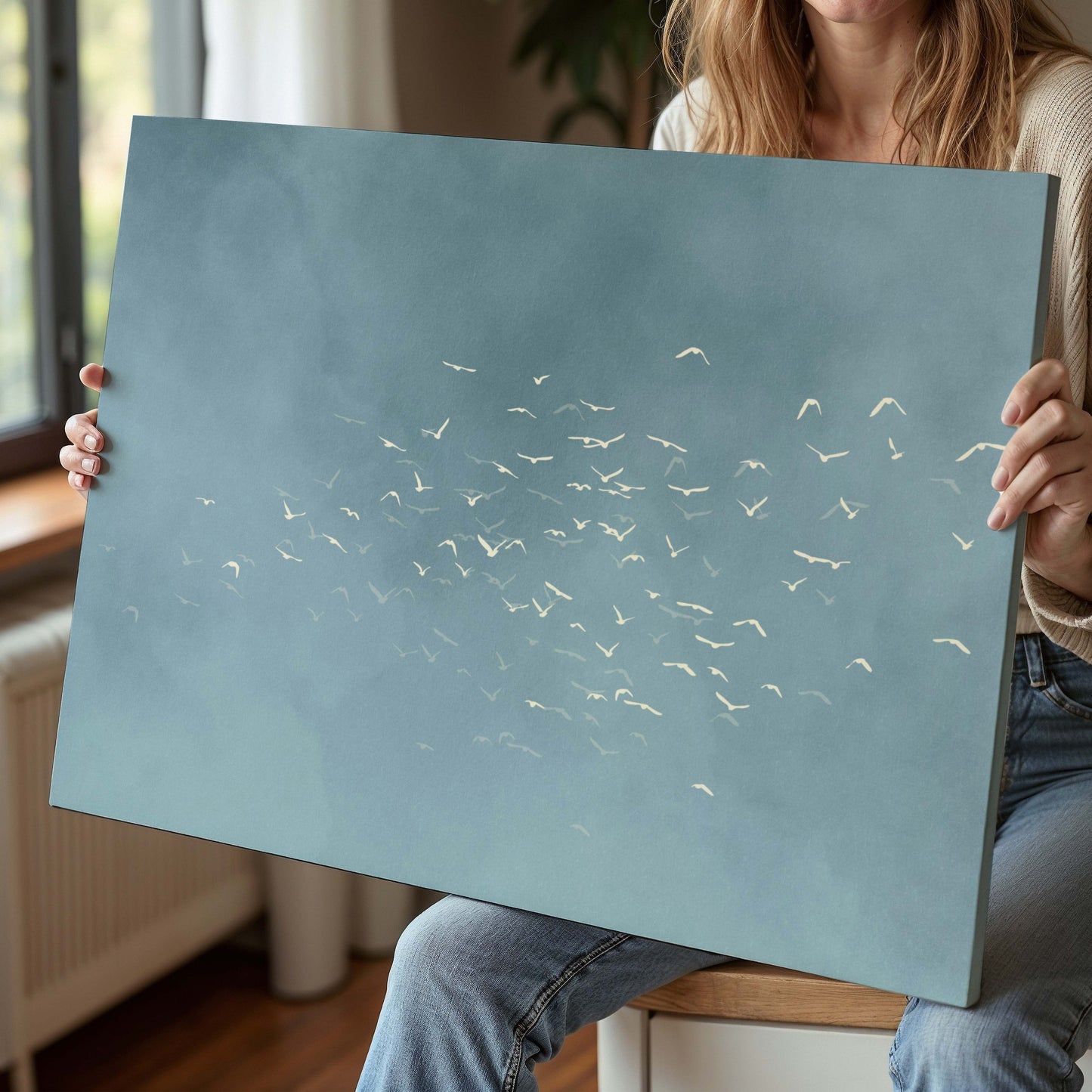 Les Oiseaux Framed Canvas - Sky Blue / Horizontal