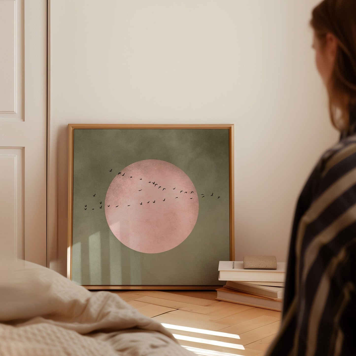 Full Moon Square Framed Canvas - Olive / Pink