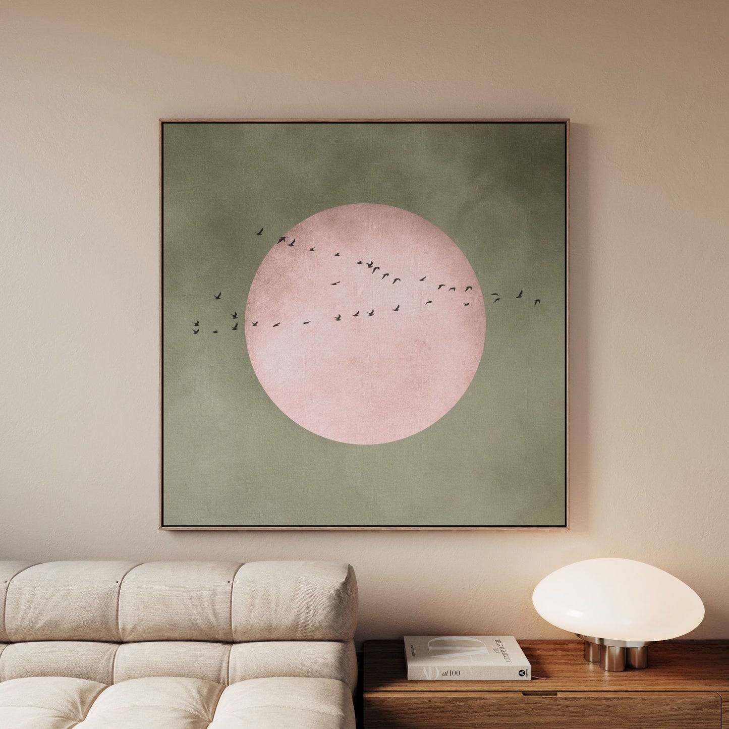 Full Moon Square Framed Canvas - Olive / Pink