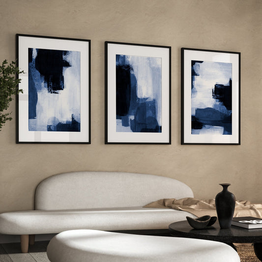 Blue Brush Stroke Abstract Wall Art Prints - Set Of 3
