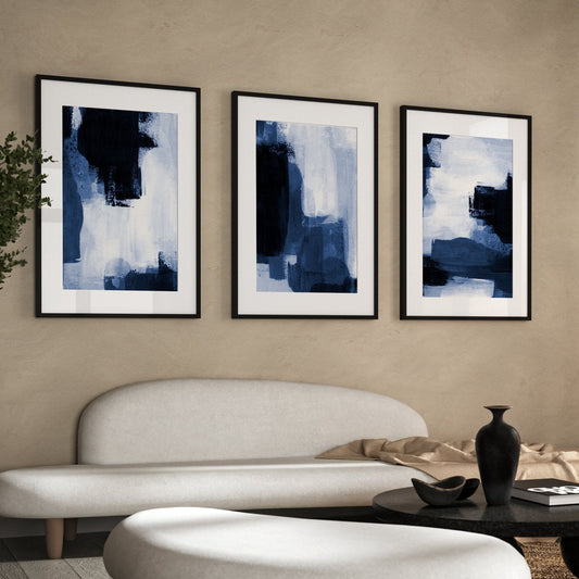 Blue Brush Stroke Abstract Wall Art Prints - Set Of 3