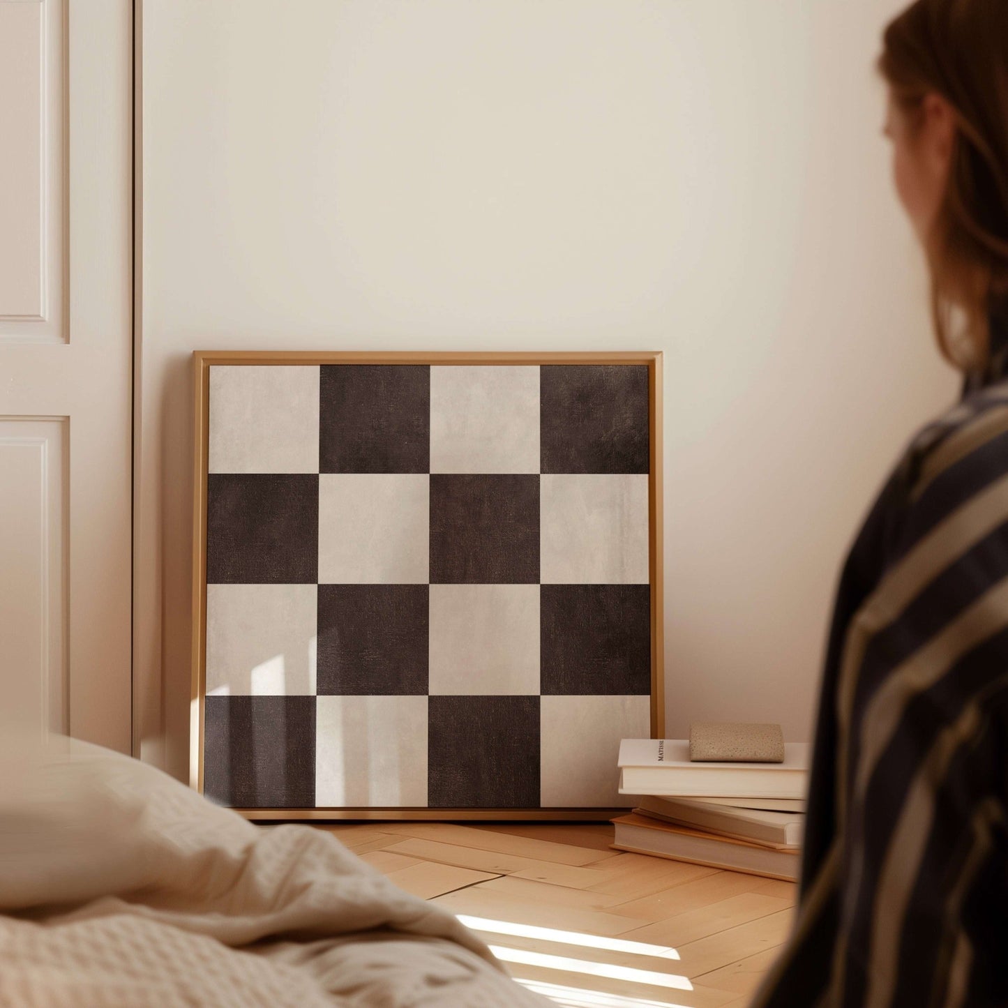 Checkered Square Framed Canvas - Espresso - AureousHome