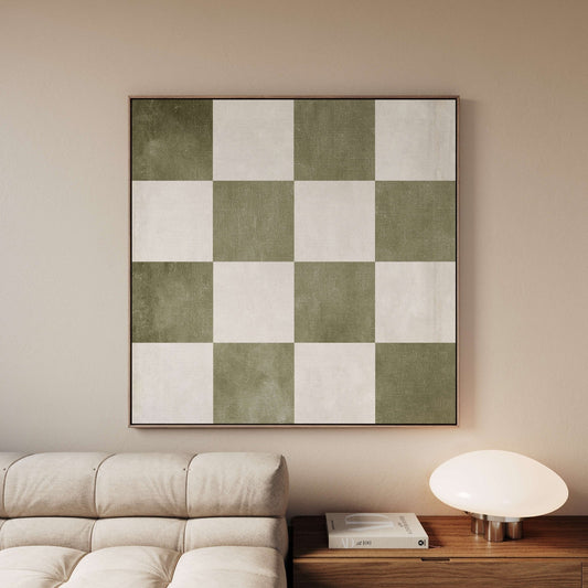 Checkered Square Framed Canvas - Olive - AureousHome