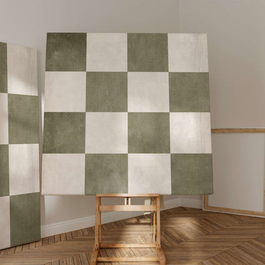 Checkered Square Framed Canvas - Olive - AureousHome