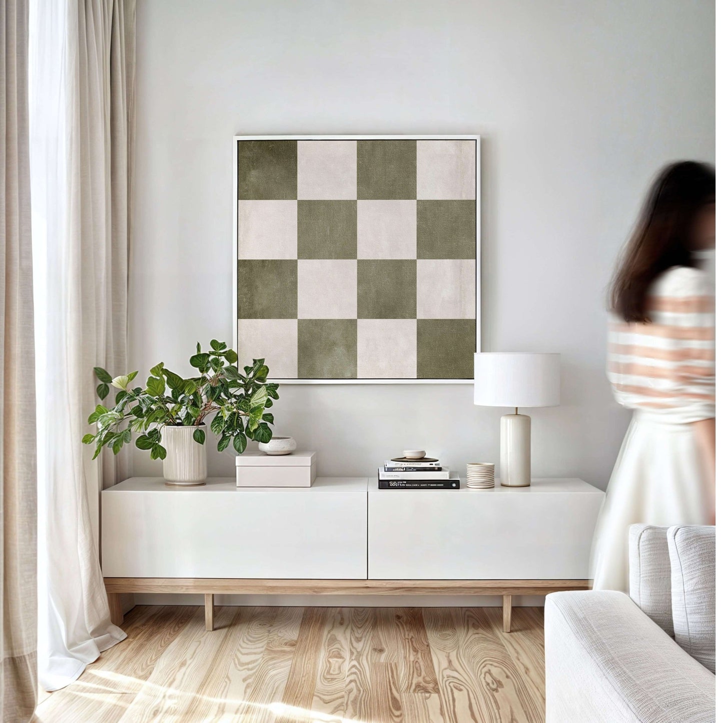 Checkered Square Framed Canvas - Olive - AureousHome