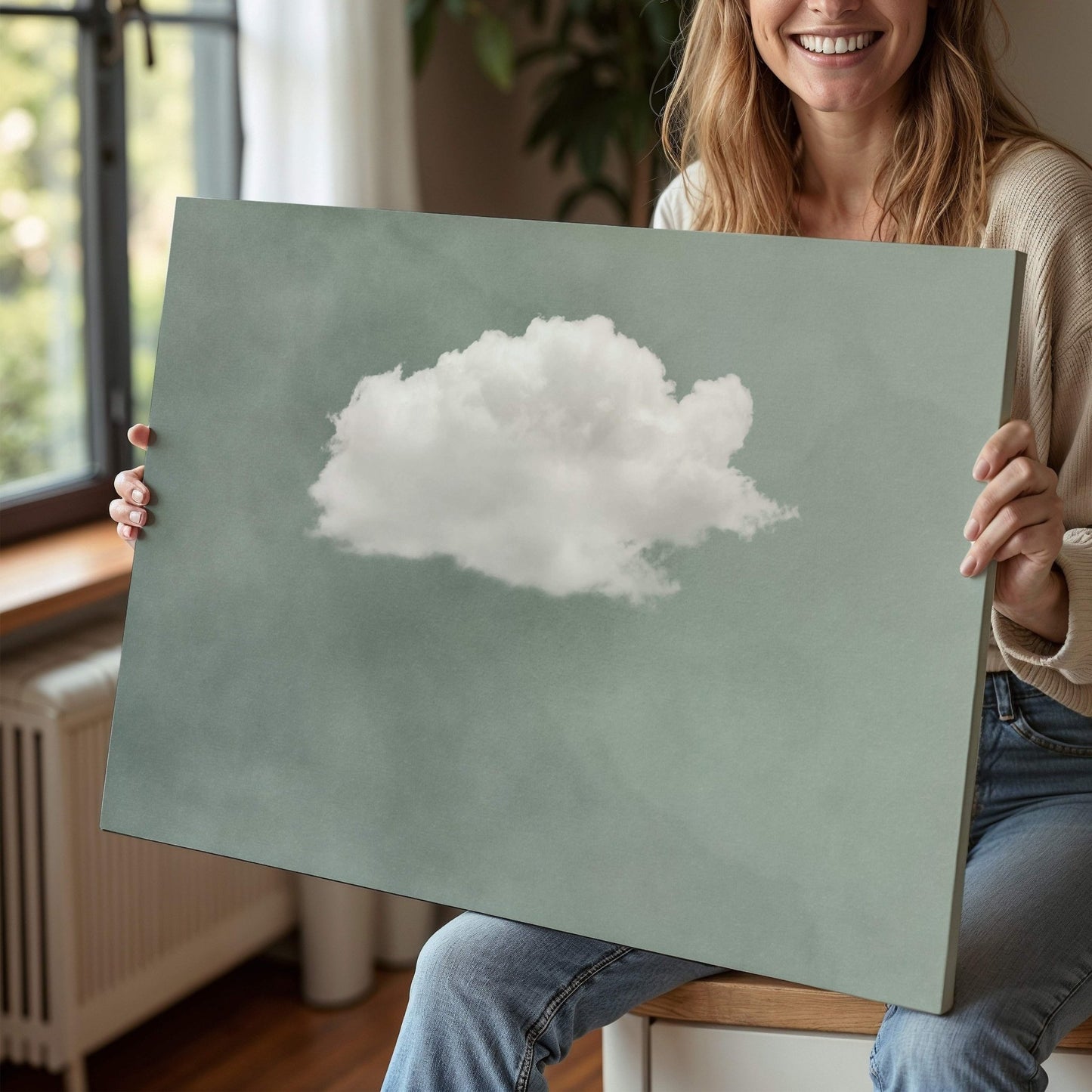 Contemplating Framed Canvas - Sage / Horizontal - AureousHome