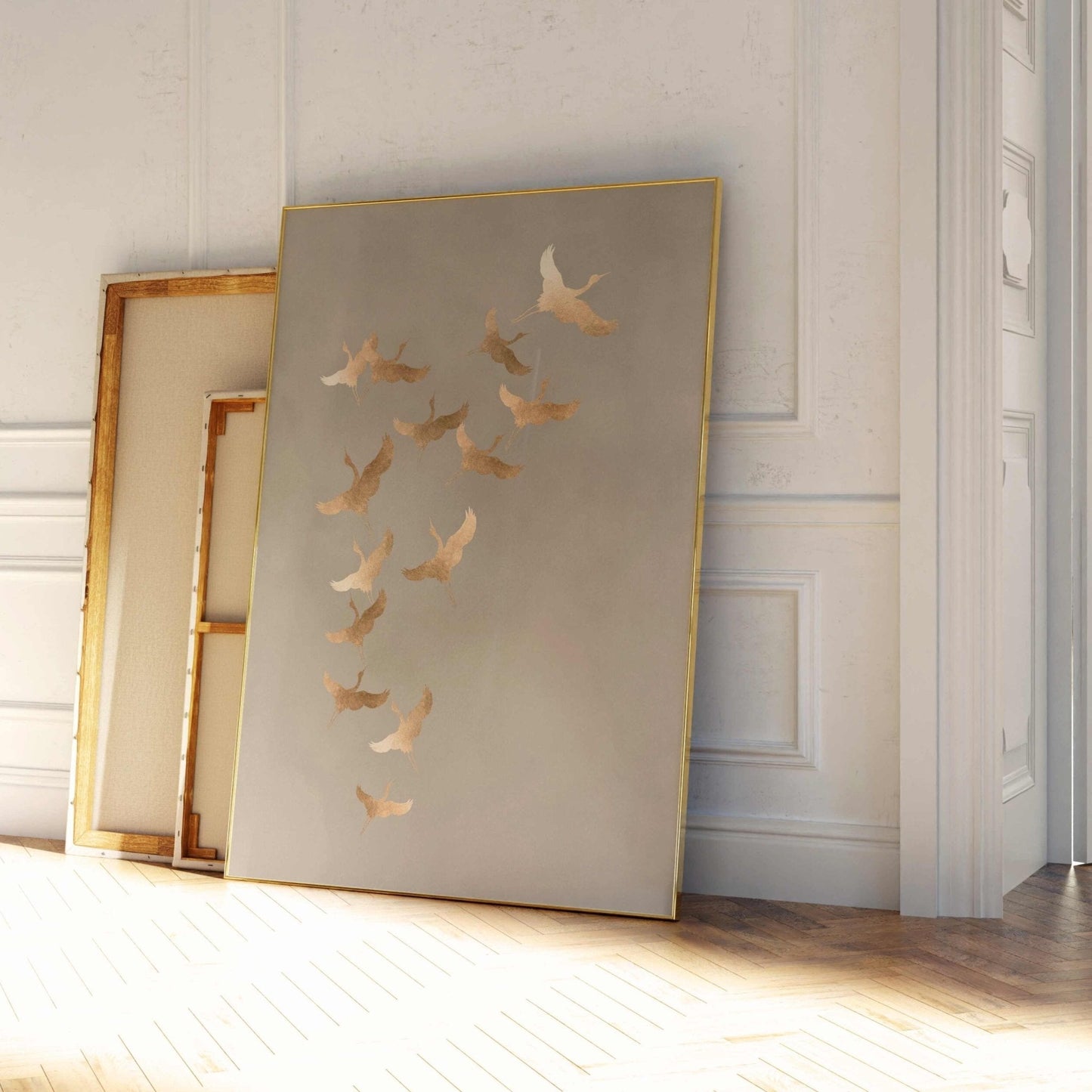 Beige and gold Cranes Japanese Wall Art