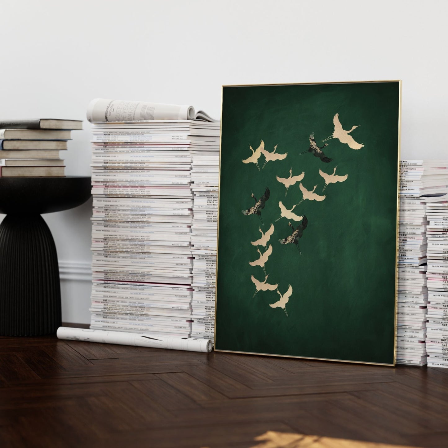 Emerald green and gold Japanese cranes home print by Aureous