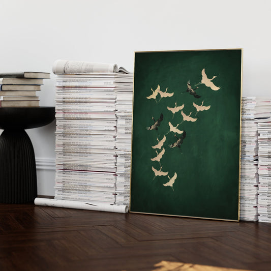 Emerald green and gold Japanese cranes home print by Aureous