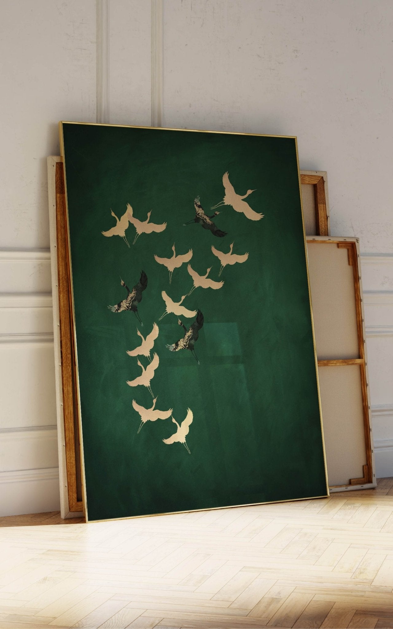 Cranes Framed - Emerald - AureousHome