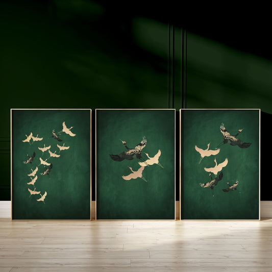 Cranes Trio - Emerald - AureousHome