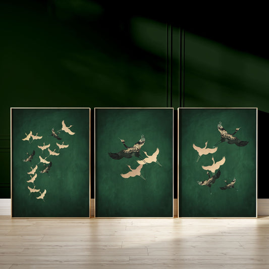 Cranes Trio - Emerald - AureousHome