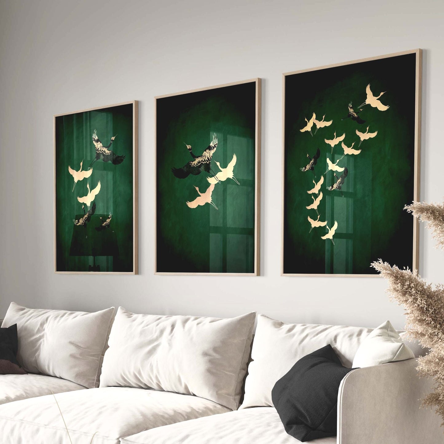 Cranes Trio - Emerald - AureousHome