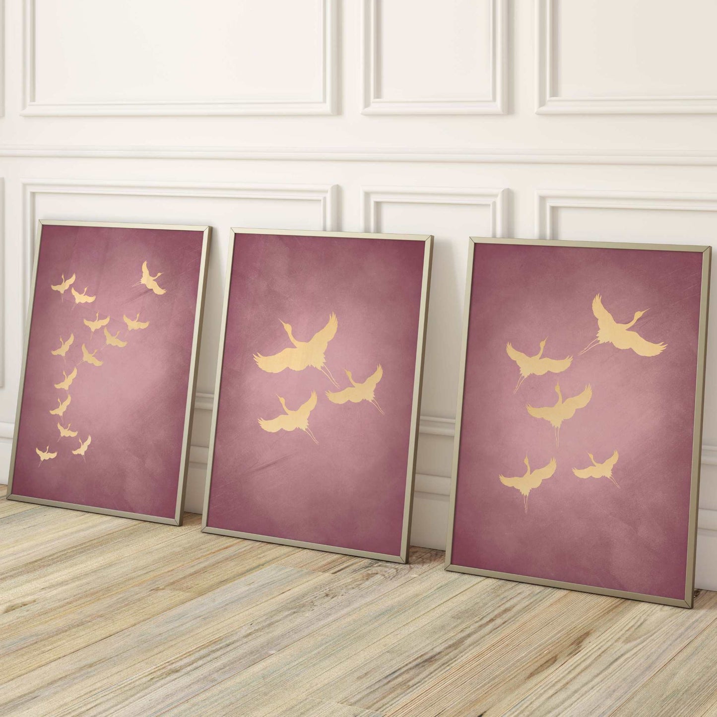 Cranes Trio - Pink / Gold - AureousHome