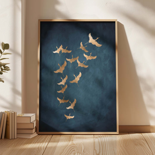 Cranes - Vintage blue / Gold - AureousHome