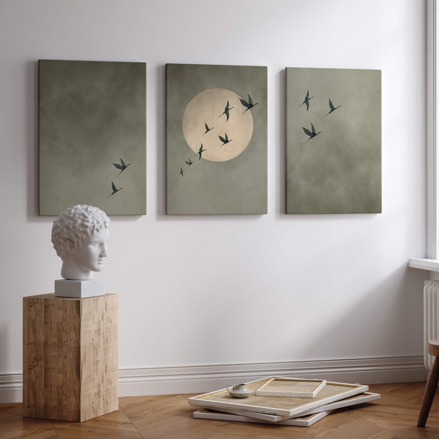 Cyrus Framed Canvas Trio - Olive - AureousHome