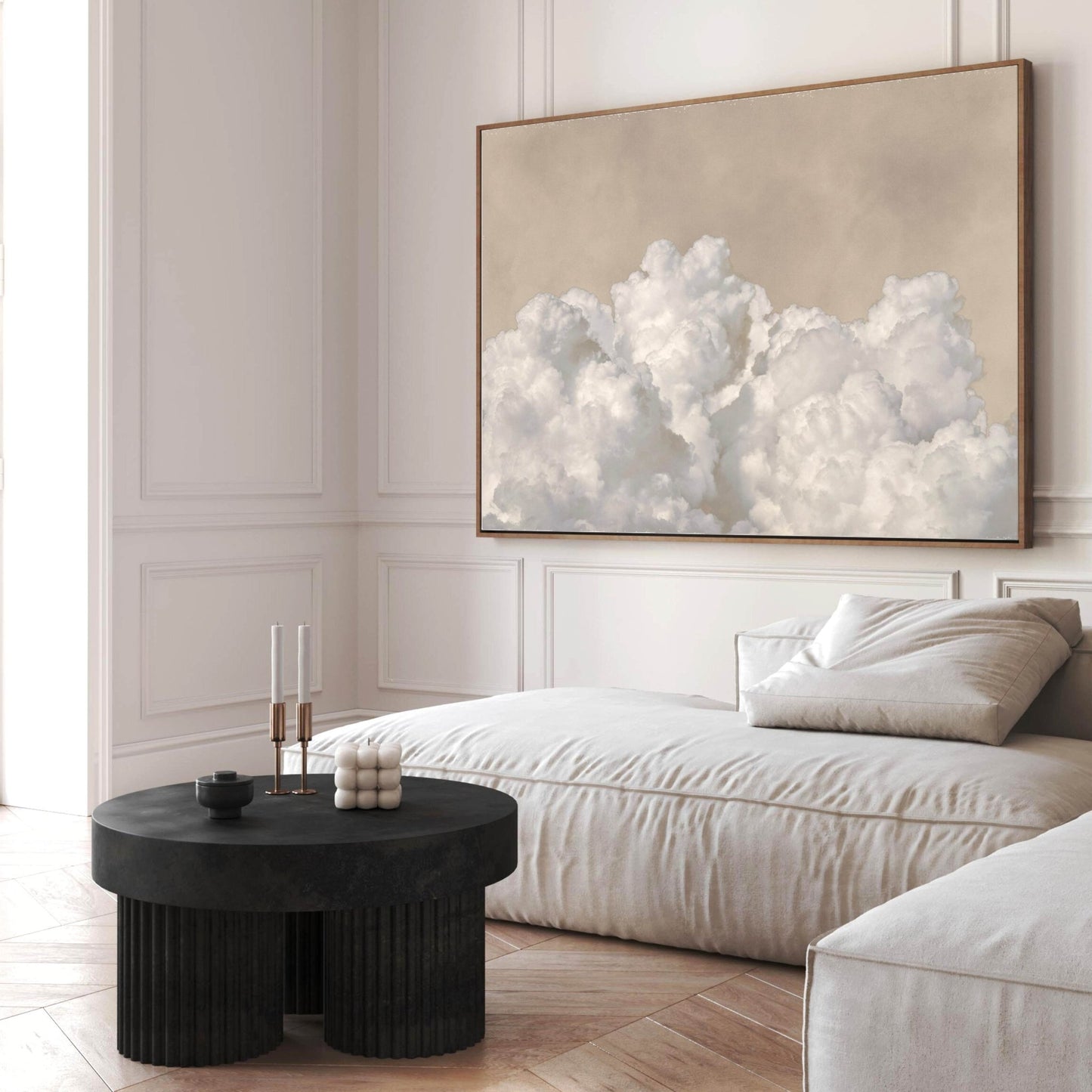 Beige landscape cloud extra large framed canvas wall art by Aureous 